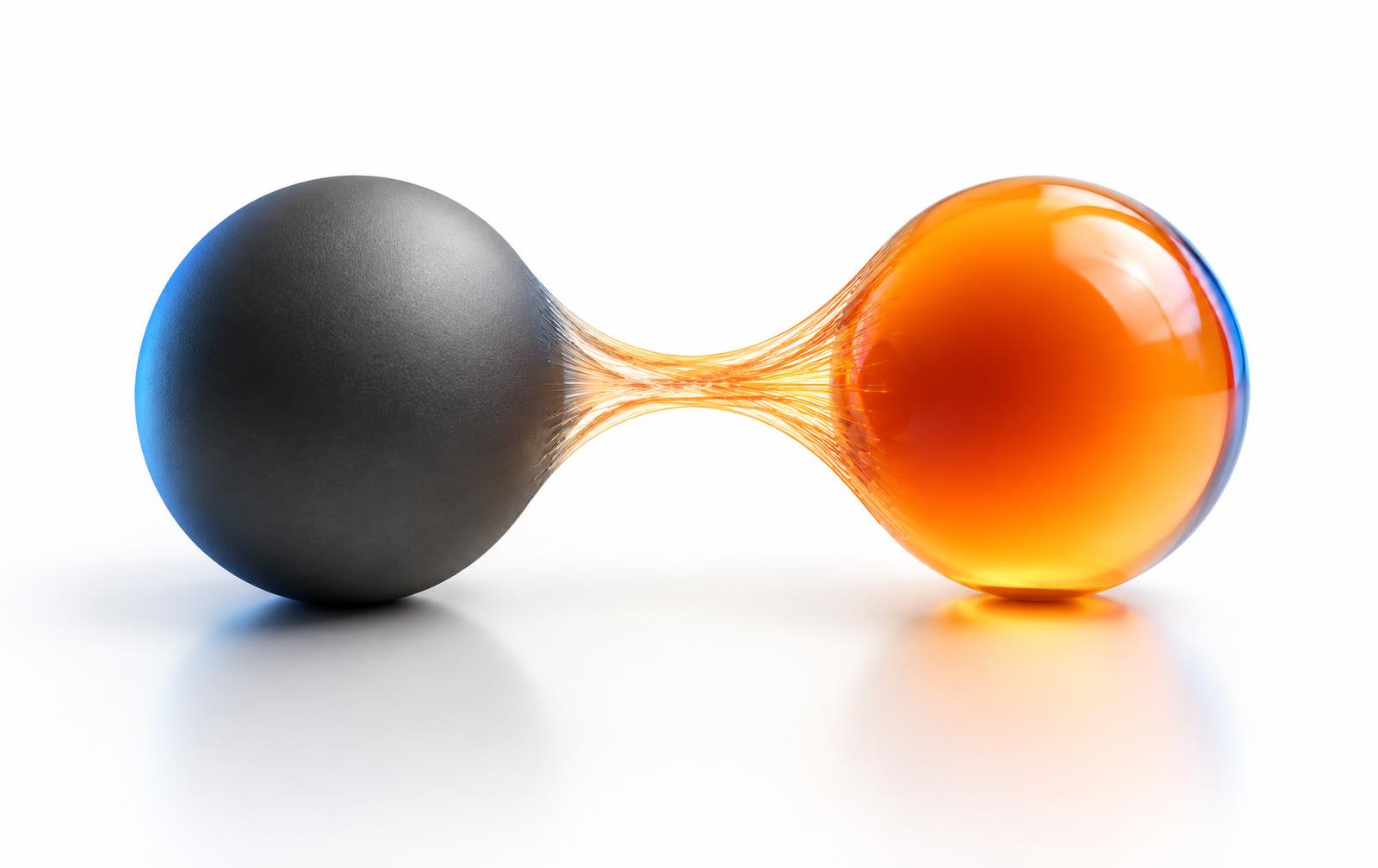 Ilustración abstracta: un círculo carbón y un semicírculo naranja unidos por líneas paralelas.